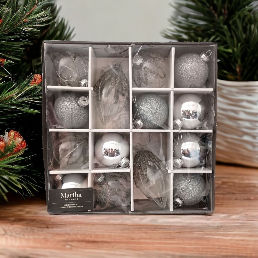 14 Martha Stewart Silver Glass Ornament Set‎ Christmas Beaded Glittery Bedford